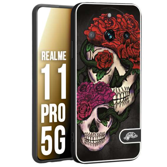 CUSTOMIZZA - Custodia cover nera morbida in tpu compatibile per Realme 11 PRO 5G teschi e rose rosse fucsia skull and roses