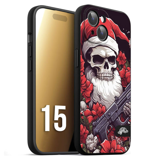 CUSTOMIZZA - Custodia cover nera morbida in tpu compatibile per iPhone 15 teschio natale santa claus fiori tattoo disegnato