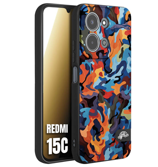 CUSTOMIZZA - Custodia cover nera morbida in tpu compatibile per Xiaomi Redmi 15C camouflage mimetico militare moderno blu arancio rosso