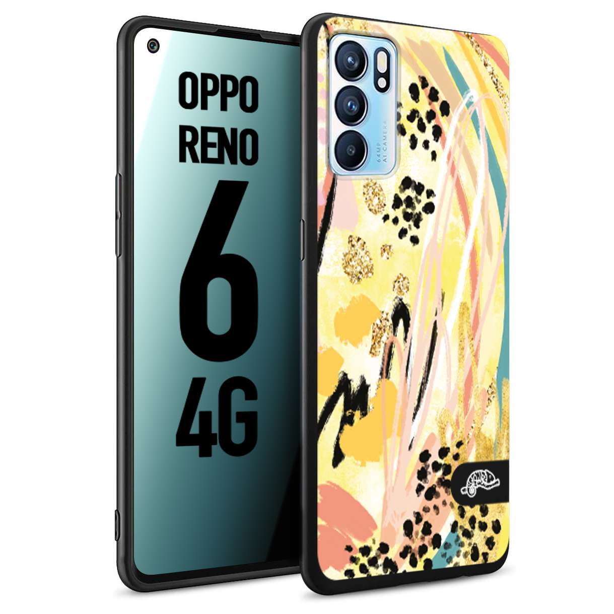 CUSTOMIZZA - Custodia cover nera morbida in tpu compatibile per Oppo Reno 6 4G astratti donna flower fantasia estate gialla rosa leopardata