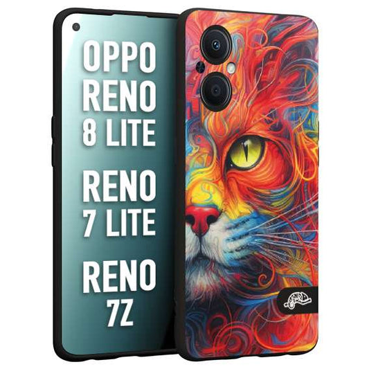 CUSTOMIZZA - Custodia cover nera morbida in tpu compatibile per Oppo Reno 7 Lite - 8 Lite - 7Z animali color cat gatto viso colori vibranti disegnato schizzo