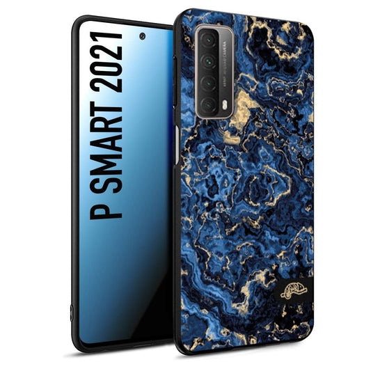 CUSTOMIZZA - Custodia cover nera morbida in tpu compatibile per Huawei P Smart 2021 effetto marmo marble blu venature dorato psichedelico