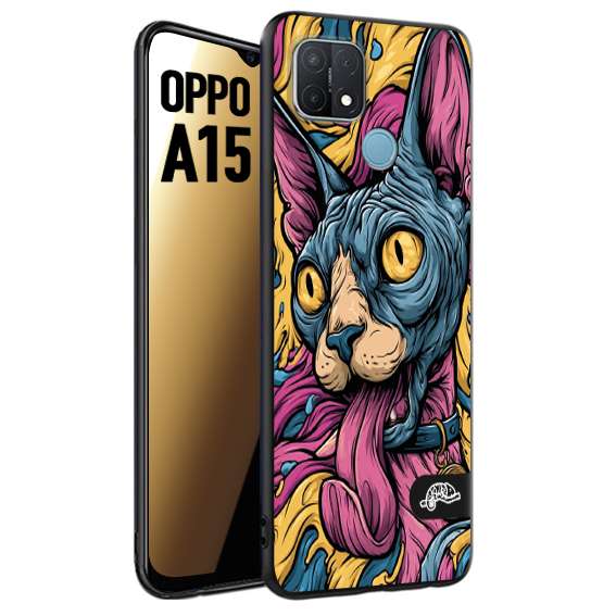 CUSTOMIZZA - Custodia cover nera morbida in tpu compatibile per Oppo A15 Sphynx Colorato Pop Art Psichedelico Gatto Blu Rosa Giallo Artistica Fantasy