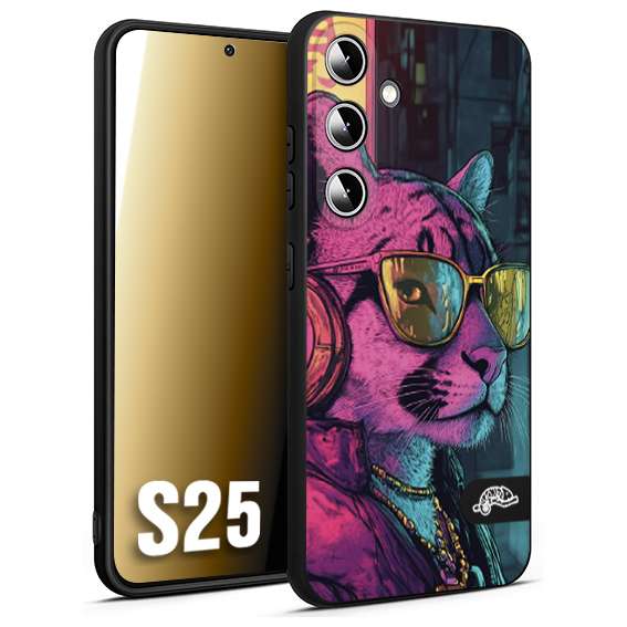 CUSTOMIZZA - Custodia cover nera morbida in tpu compatibile per Samsung S25 animali cyberpunk pantera street cat fucsia blu giallo