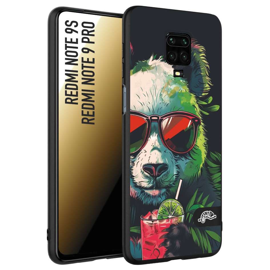 CUSTOMIZZA - Custodia cover nera morbida in tpu compatibile per Xiaomi Redmi Note 9S - Note 9 PRO estate disegnata cocktails animali simpatici panda mojito