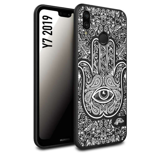 CUSTOMIZZA - Custodia cover nera morbida in tpu compatibile per Huawei Y7 2019 mano di fatima effetto rilievo mandala donna