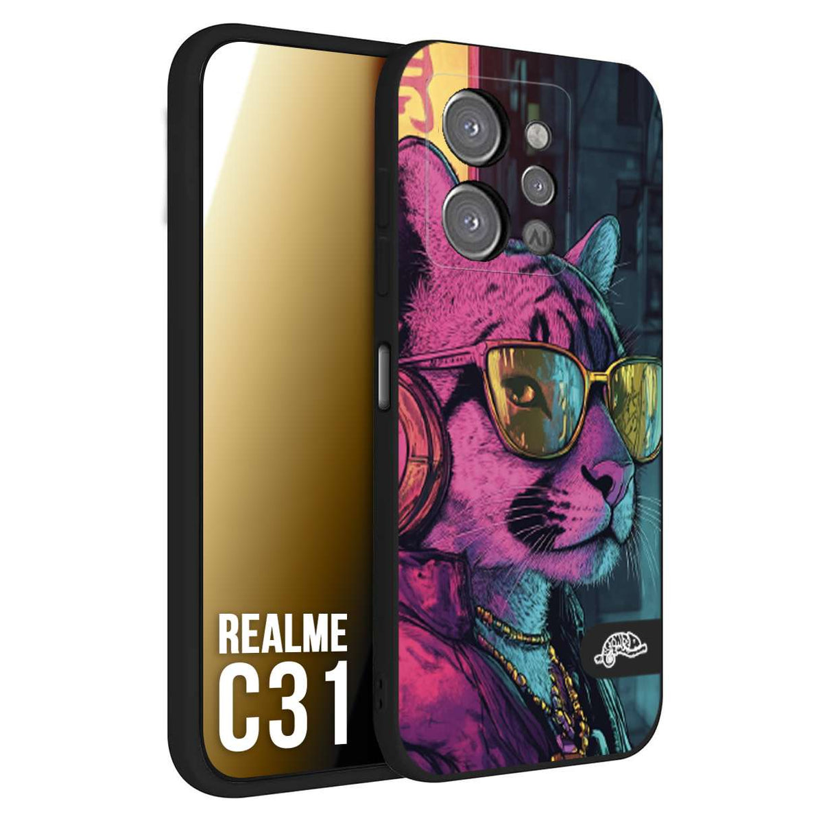 CUSTOMIZZA - Custodia cover nera morbida in tpu compatibile per Realme C31 animali cyberpunk pantera street cat fucsia blu giallo