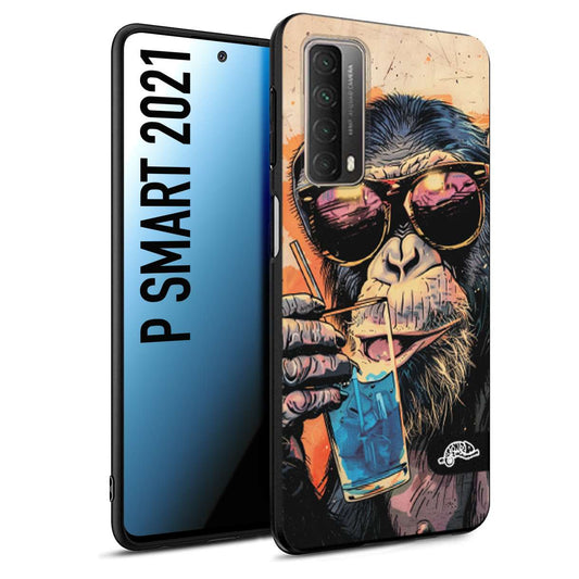 CUSTOMIZZA - Custodia cover nera morbida in tpu compatibile per Huawei P Smart 2021 estate disegnata cocktails animali simpatici scimmia monkey negroni