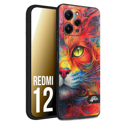 CUSTOMIZZA - Custodia cover nera morbida in tpu compatibile per Xiaomi Redmi 12 animali color cat gatto viso colori vibranti disegnato schizzo