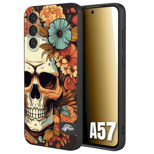 CUSTOMIZZA - Custodia cover nera morbida in tpu compatibile per Samsung A57 teschio skull flowers fiori autunnali arancio celeste tattoo