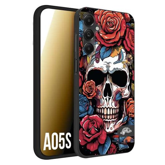 CUSTOMIZZA - Custodia cover nera morbida in tpu compatibile per Samsung A05S teschio skull flowers fiori rose rosse tattoo disegnato