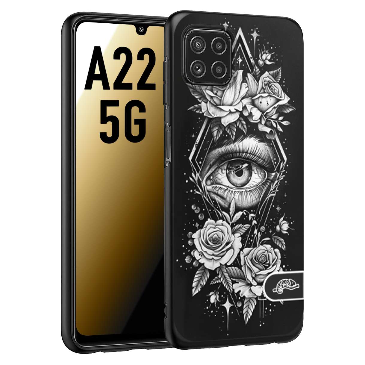 CUSTOMIZZA - Custodia cover nera morbida in tpu compatibile per Samsung A22 5G occhio fiori rombo geometrico black and white bianco a rilievo disegnato tattoo tatuaggio