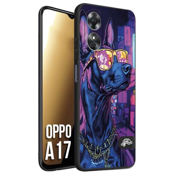 CUSTOMIZZA - Custodia cover nera morbida in tpu compatibile per Oppo A17 animali cyberpunk dobermann cane street dog fucsia blu night