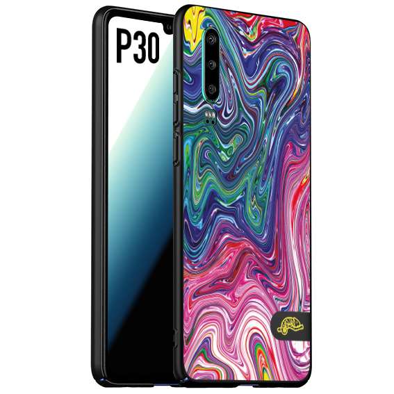 CUSTOMIZZA - Custodia cover nera morbida in tpu compatibile per Huawei P30 colorata fantasia vortice marmo arcobaleno rosa blu fucsia