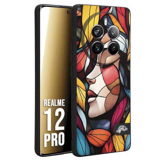 CUSTOMIZZA - Custodia cover nera morbida in tpu compatibile per Realme 12 PRO Vetrata artistica volto di donna profilo fogliare mosaico di vetro colorato