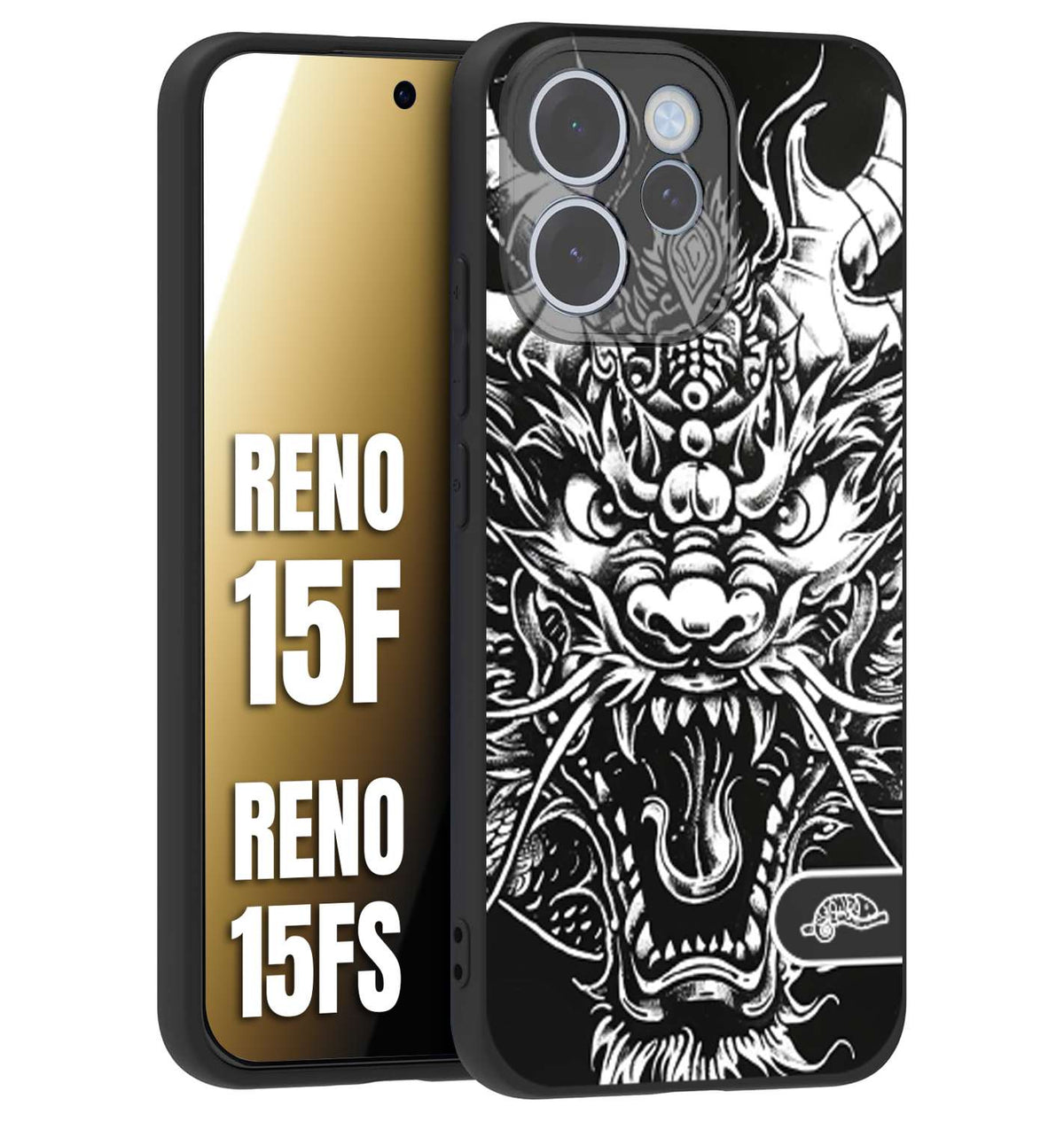 CUSTOMIZZA - Custodia cover nera morbida in tpu compatibile per Oppo Reno 15 F - Reno 15 FS drago black and white bianco a rilievo disegnato tattoo tatuaggio