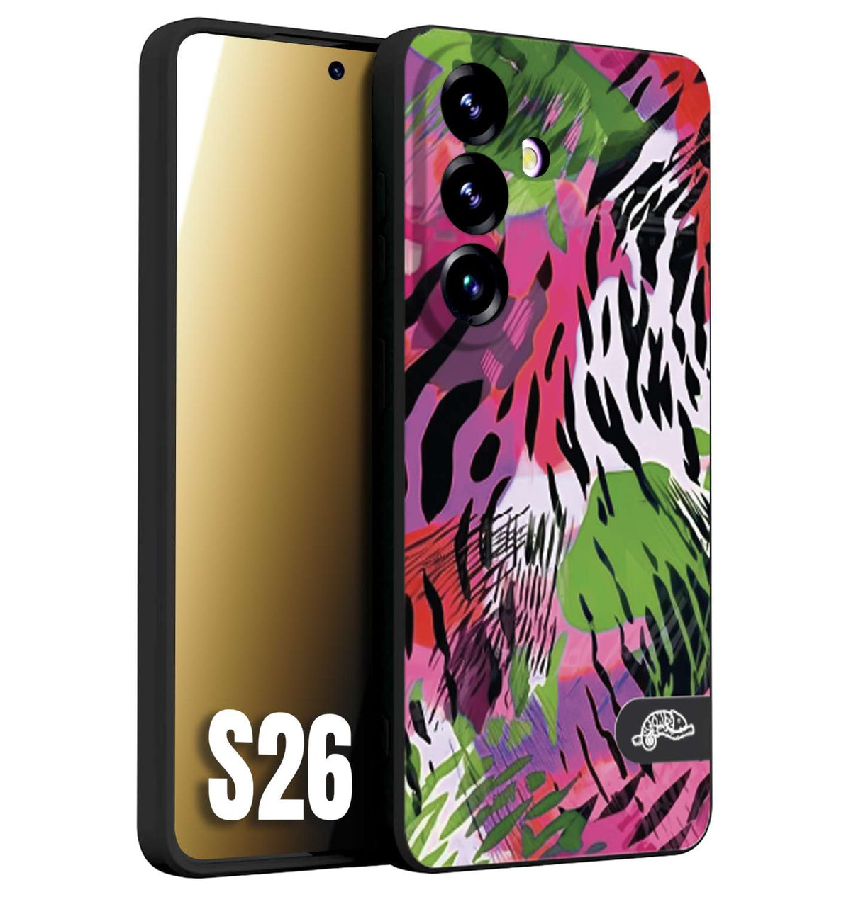 CUSTOMIZZA - Custodia cover nera morbida in tpu compatibile per Samsung S26 leopardato tigrato tiger colorata summer color verde fucsia