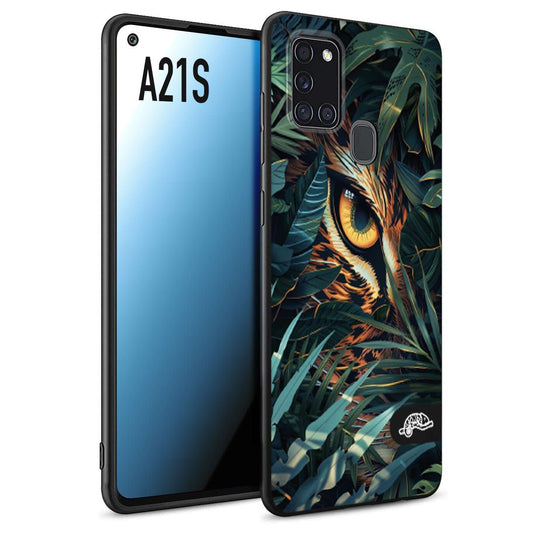 CUSTOMIZZA - Custodia cover nera morbida in tpu compatibile per Samsung A21S animali color giungla tropicale occhio di giaguaro felino disegnato