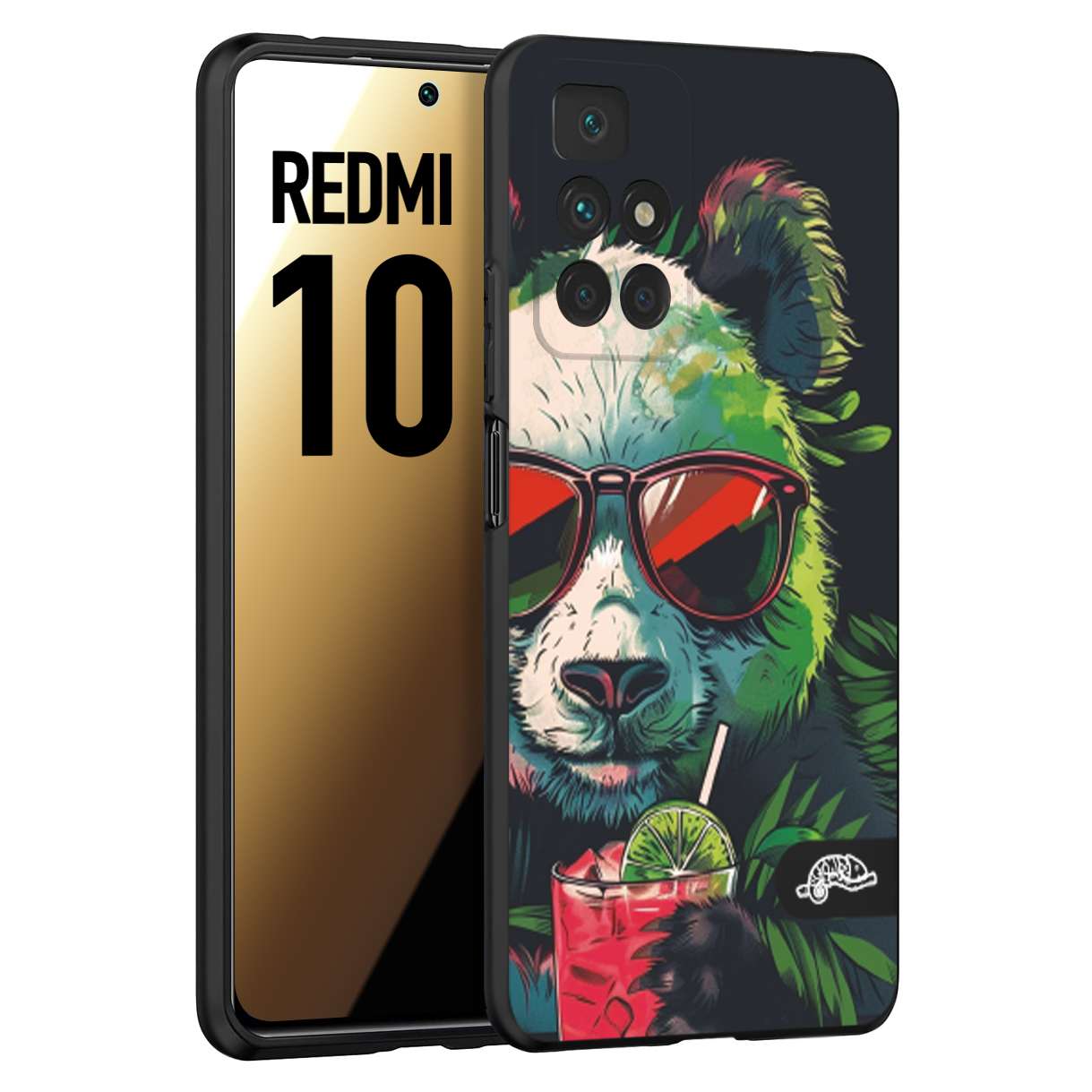 CUSTOMIZZA - Custodia cover nera morbida in tpu compatibile per Xiaomi Redmi 10 estate disegnata cocktails animali simpatici panda mojito