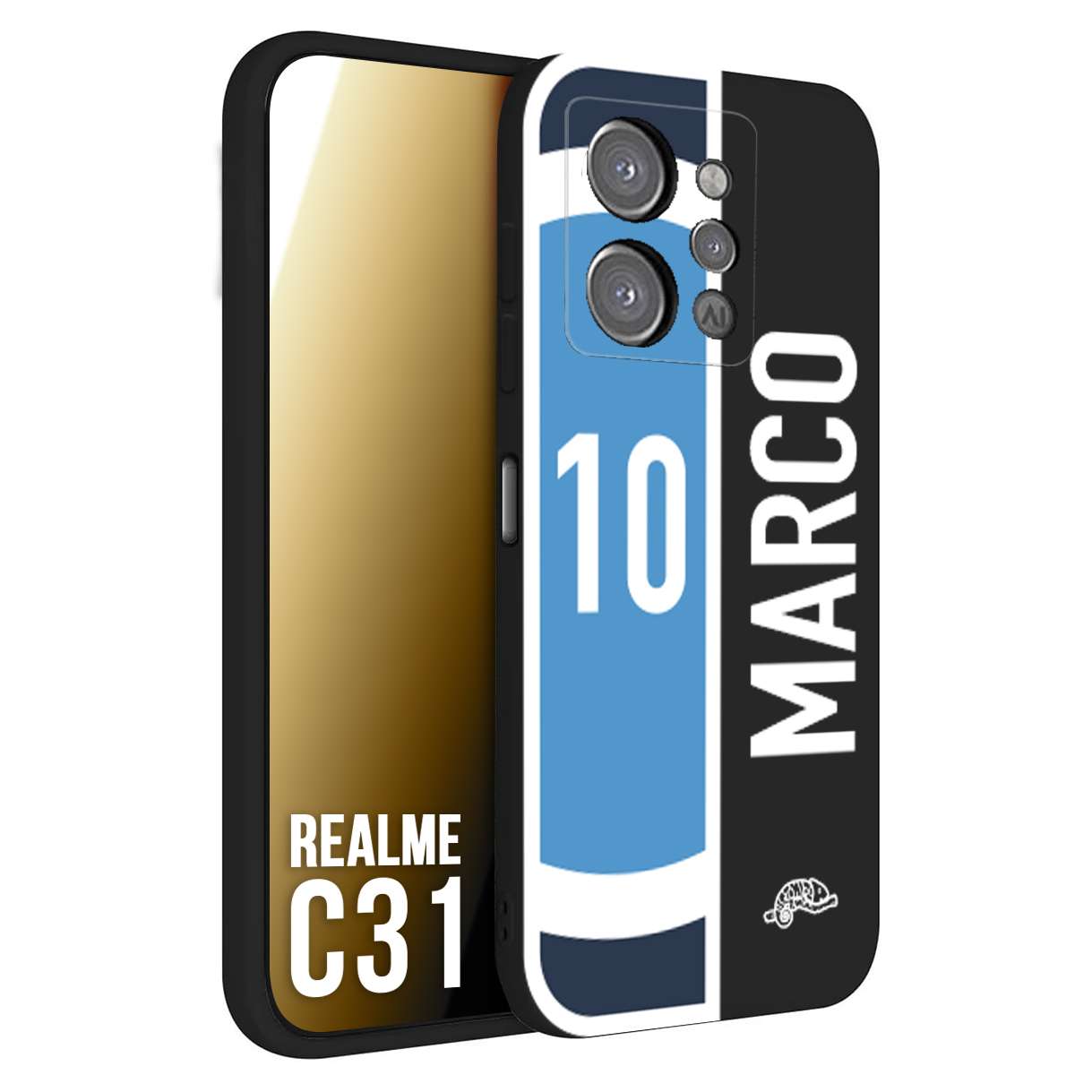 CUSTOMIZZA - Custodia cover nera morbida in tpu compatibile per Realme C31 personalizzata calcio football nome e numero calciatori biancoazzurri bianco celesti