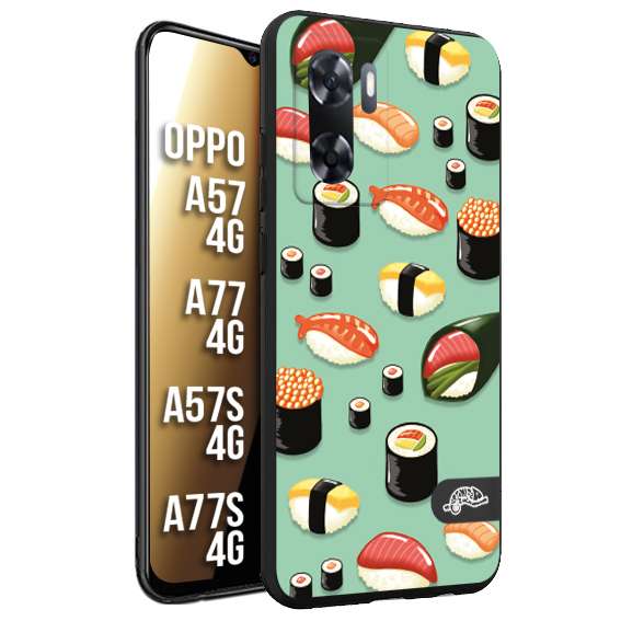 CUSTOMIZZA - Custodia cover nera morbida in tpu compatibile per Oppo A57 - A77 - A57S - A77S (4G) sushi disegni giapponese nighiri acquamarina verde