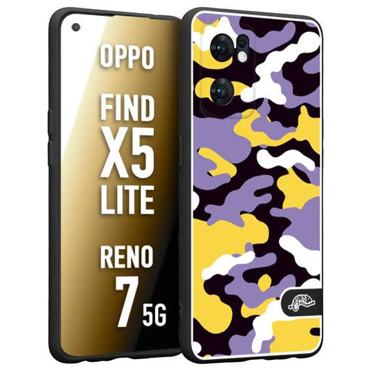 CUSTOMIZZA - Custodia cover nera morbida in tpu compatibile per Oppo Reno 7 - Find X5 LITE camouflage mimetico militare viola lilla giallo