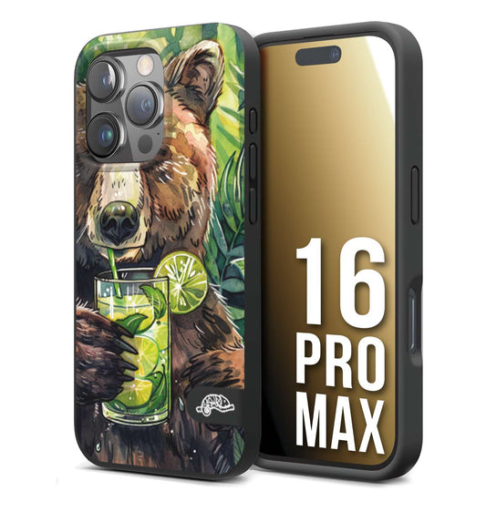 CUSTOMIZZA - Custodia cover nera morbida in tpu compatibile per iPhone 16 PRO MAX estate disegnata cocktails animali simpatici orso bear negroni