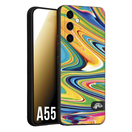 CUSTOMIZZA - Custodia cover nera morbida in tpu compatibile per Samsung A55 5G colorata fantasia vortice marmo arcobaleno gialla verde blu