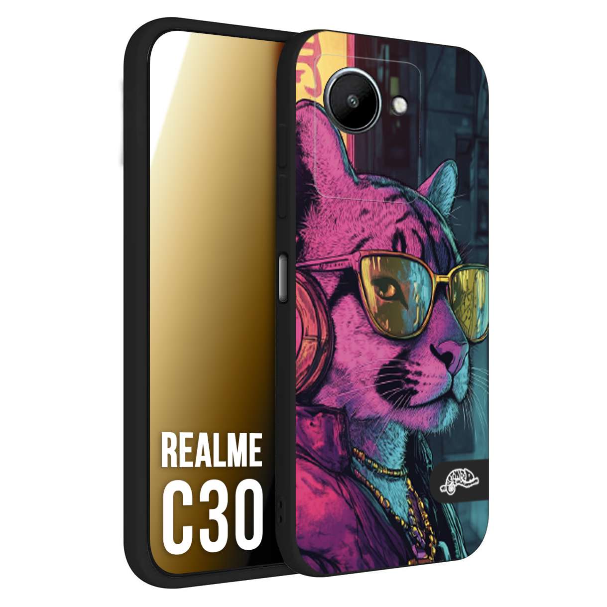 CUSTOMIZZA - Custodia cover nera morbida in tpu compatibile per Realme C30 animali cyberpunk pantera street cat fucsia blu giallo
