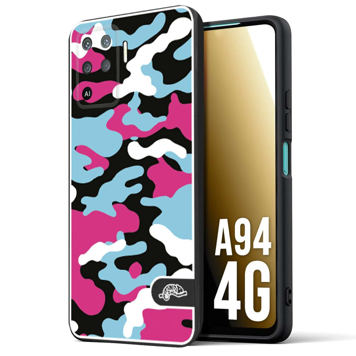 CUSTOMIZZA - Custodia cover nera morbida in tpu compatibile per Oppo A94 4G camouflage mimetico militare fucsia celeste