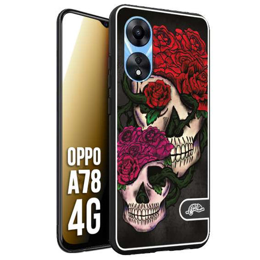 CUSTOMIZZA - Custodia cover nera morbida in tpu compatibile per Oppo A78 4G teschi e rose rosse fucsia skull and roses