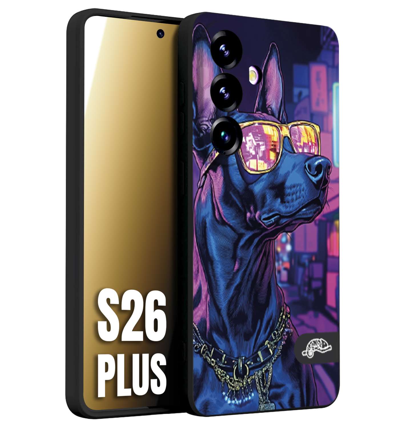 CUSTOMIZZA - Custodia cover nera morbida in tpu compatibile per Samsung S26 PLUS animali cyberpunk dobermann cane street dog fucsia blu night