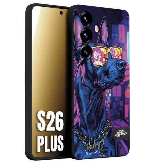 CUSTOMIZZA - Custodia cover nera morbida in tpu compatibile per Samsung S26 PLUS animali cyberpunk dobermann cane street dog fucsia blu night