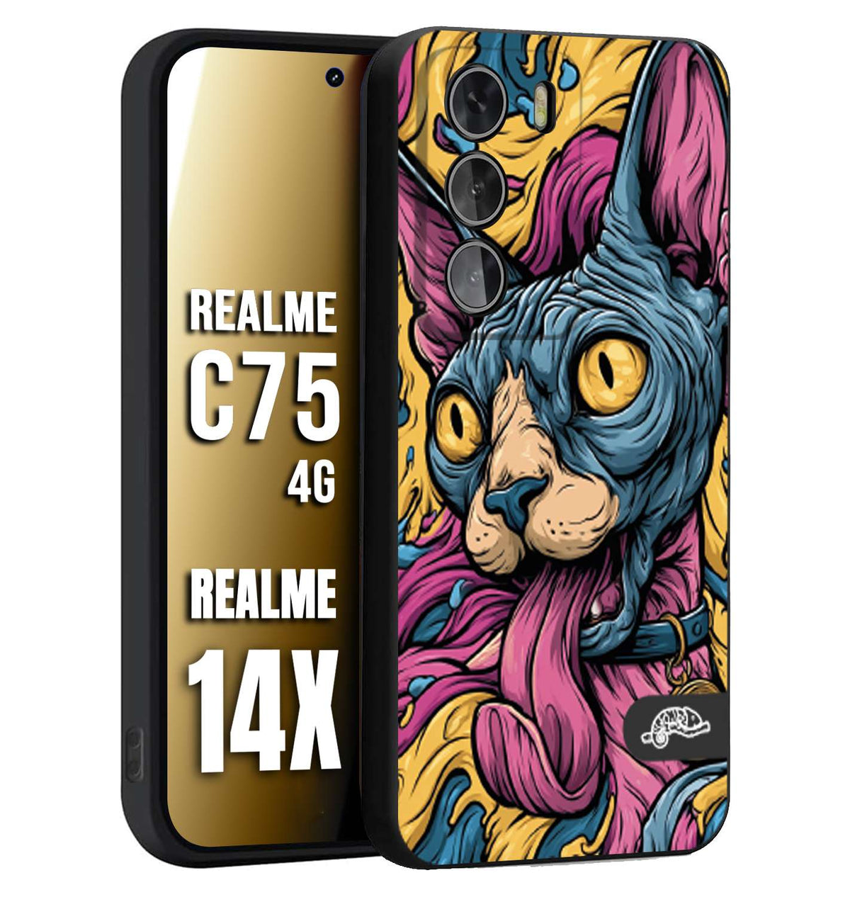 CUSTOMIZZA - Custodia cover nera morbida in tpu compatibile per Realme 14X - C75 4G Sphynx Colorato Pop Art Psichedelico Gatto Blu Rosa Giallo Artistica Fantasy