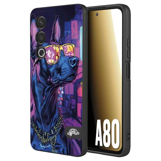 CUSTOMIZZA - Custodia cover nera morbida in tpu compatibile per Oppo A80 animali cyberpunk dobermann cane street dog fucsia blu night