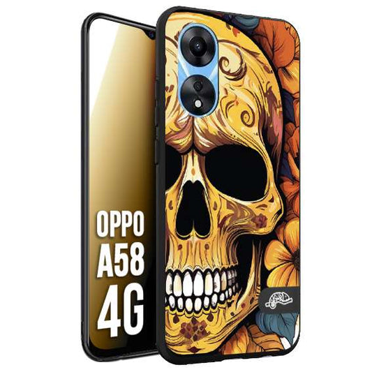 CUSTOMIZZA - Custodia cover nera morbida in tpu compatibile per Oppo A58 4G teschio messicano colorato dorato fiori autunnali disegnato