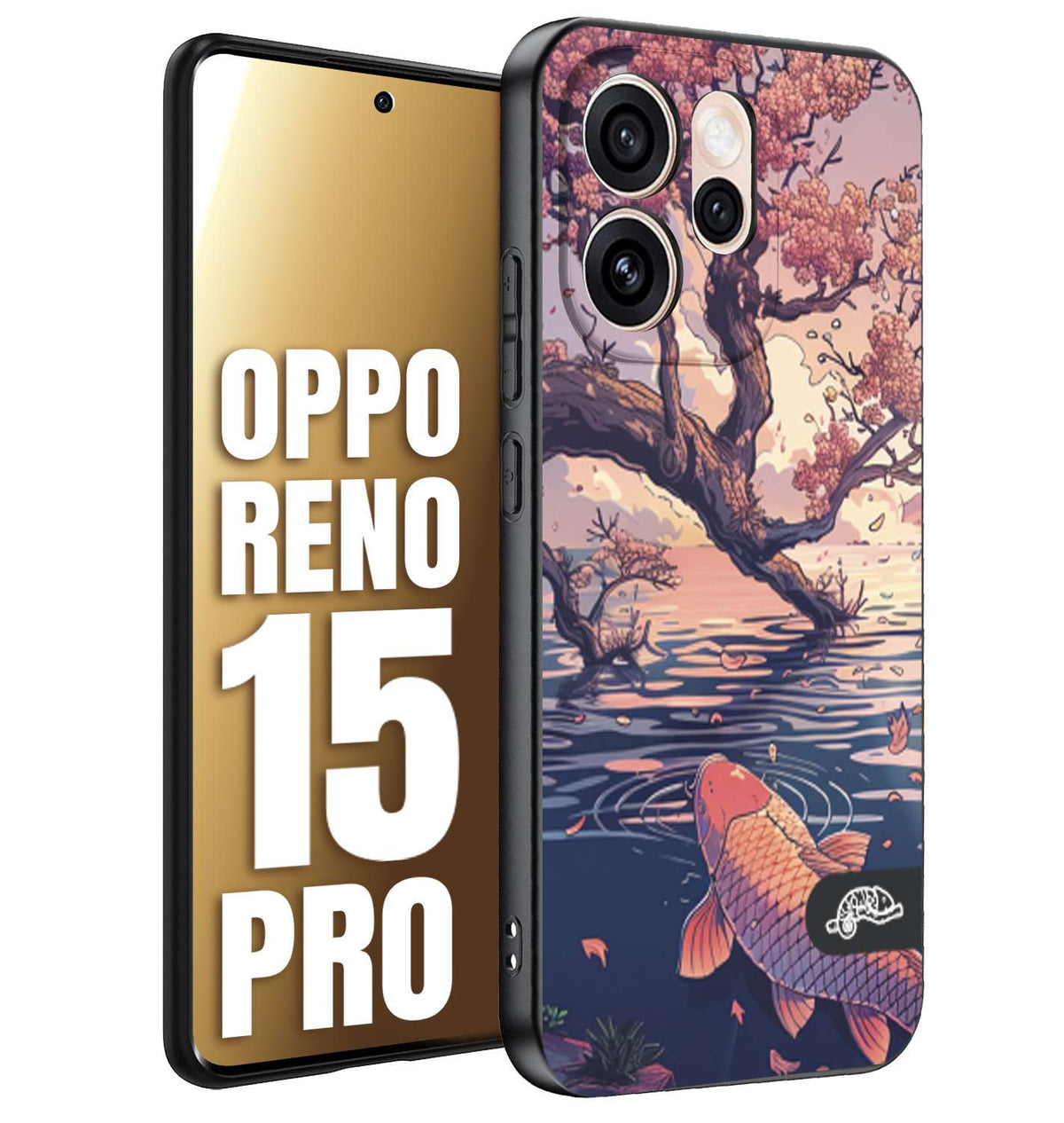 CUSTOMIZZA - Custodia cover nera morbida in tpu compatibile per Oppo Reno 15 PRO giapponese lago carpa koi rosa con foglie d'acero disegnata tattoo