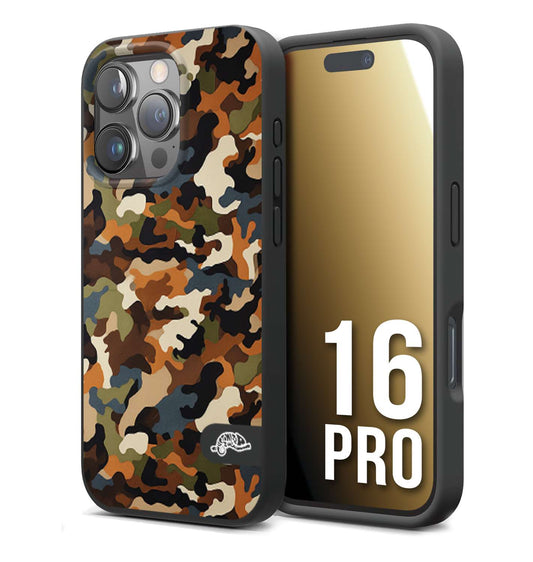 CUSTOMIZZA - Custodia cover nera morbida in tpu compatibile per iPhone 16 PRO camouflage mimetico militare moderno blu marrone beige