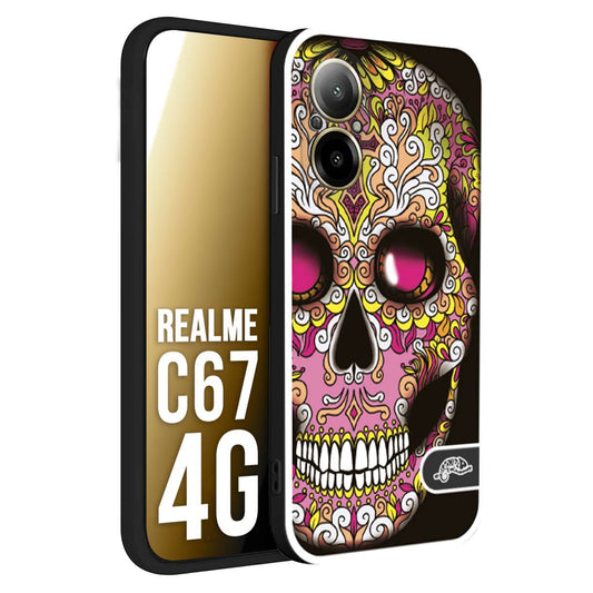 CUSTOMIZZA - Custodia cover nera morbida in tpu compatibile per Realme C67 4G teschio messicano Mexican skull rosa gialla