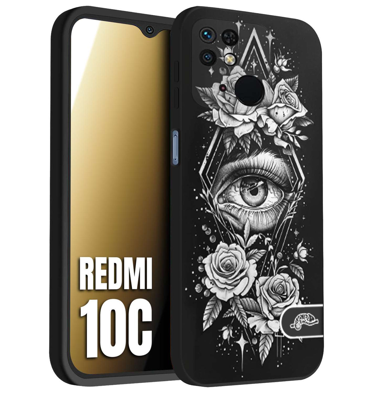 CUSTOMIZZA - Custodia cover nera morbida in tpu compatibile per Xiaomi Redmi 10C occhio fiori rombo geometrico black and white bianco a rilievo disegnato tattoo tatuaggio