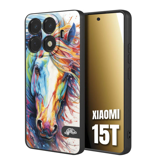 CUSTOMIZZA - Custodia cover nera morbida in tpu compatibile per Xiaomi 15T animali color cavallo horse viso colori vibranti disegnato schizzo