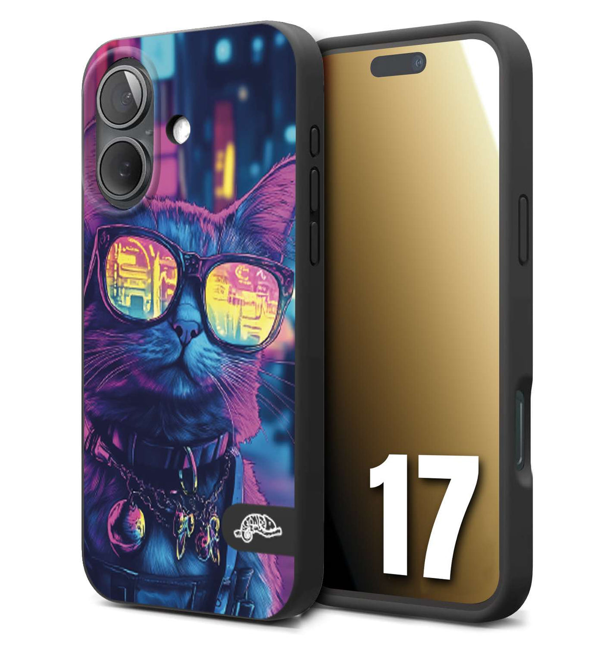CUSTOMIZZA - Custodia cover nera morbida in tpu compatibile per iPhone 17 animali cyberpunk gatto street cat fucsia blu giallo