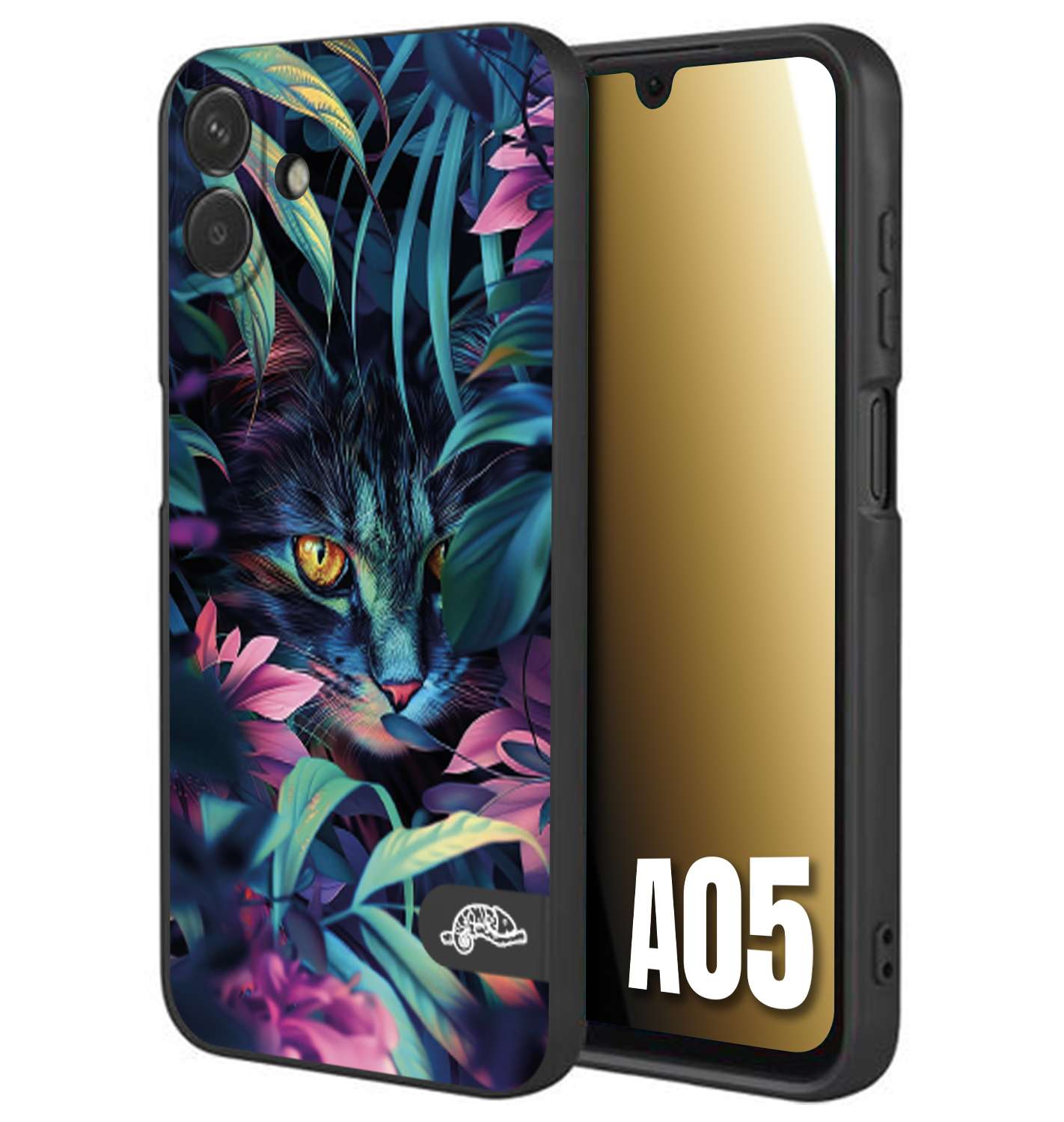 CUSTOMIZZA - Custodia cover nera morbida in tpu compatibile per Samsung A05 animali color giungla tropicale occhio di gatto colori vibranti disegnato