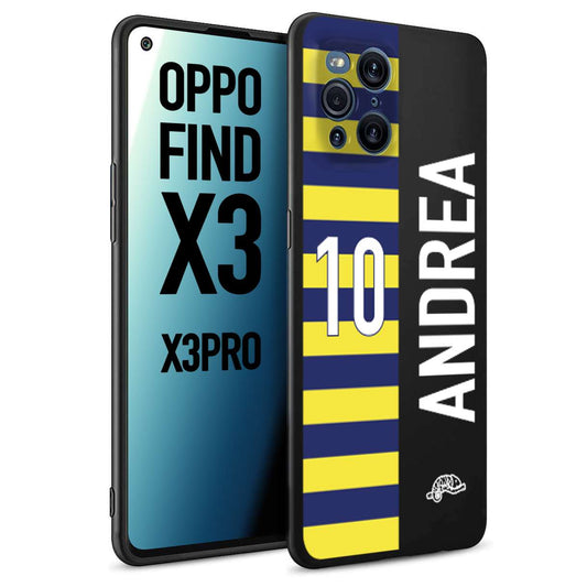 CUSTOMIZZA - Custodia cover nera morbida in tpu compatibile per Oppo Find X3 - Find X3 Pro 5G personalizzata calcio football nome e numero calciatori giallo blu