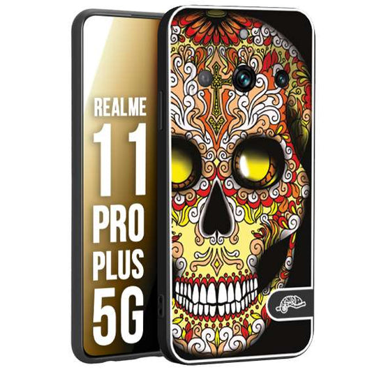 CUSTOMIZZA - Custodia cover nera morbida in tpu compatibile per Oppo Realme 11 PRO PLUS 5G teschio messicano Mexican skull giallo rosso arancio