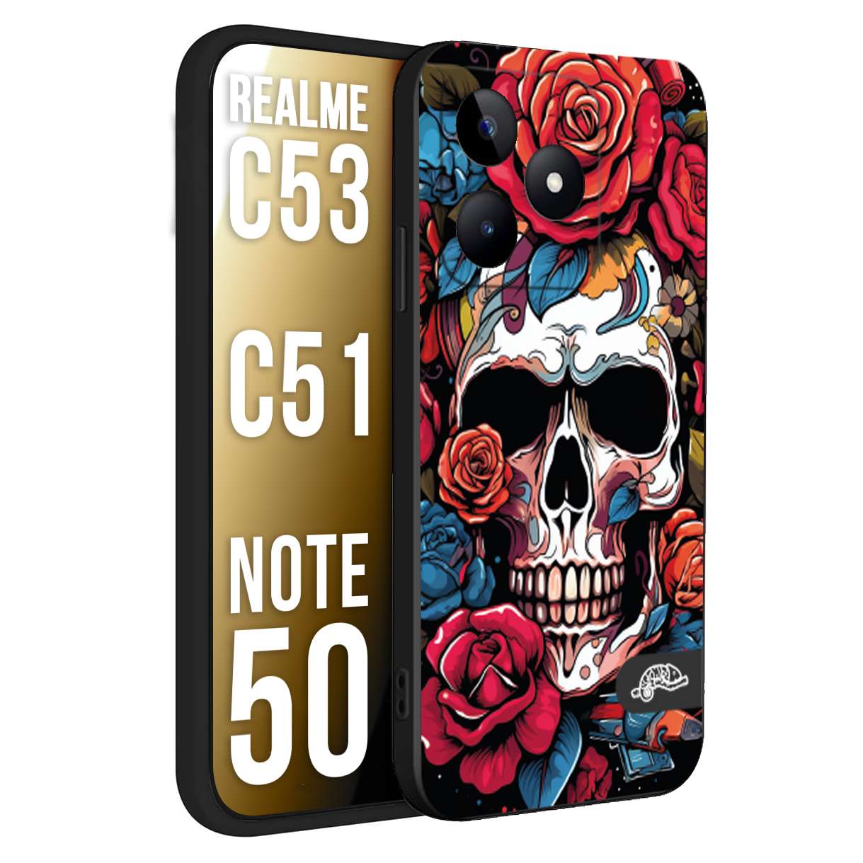 CUSTOMIZZA - Custodia cover nera morbida in tpu compatibile per Oppo Realme C53 - C51 - NOTE 50 teschio skull flowers fiori rose rosse tattoo disegnato