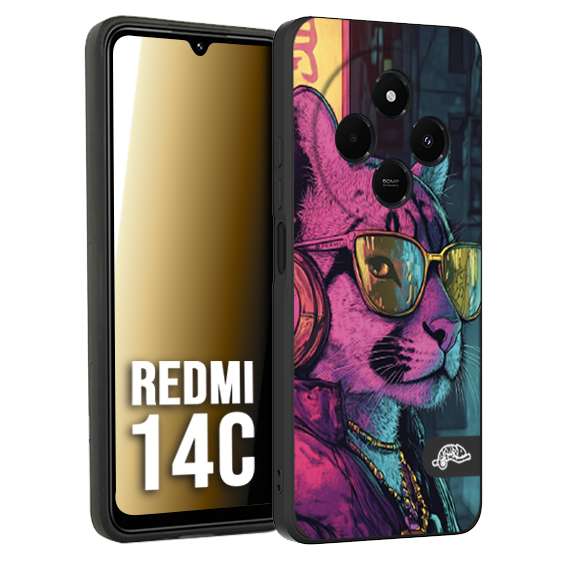 CUSTOMIZZA - Custodia cover nera morbida in tpu compatibile per Xiaomi Redmi 14C animali cyberpunk pantera street cat fucsia blu giallo