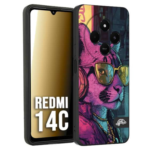 CUSTOMIZZA - Custodia cover nera morbida in tpu compatibile per Xiaomi Redmi 14C animali cyberpunk pantera street cat fucsia blu giallo