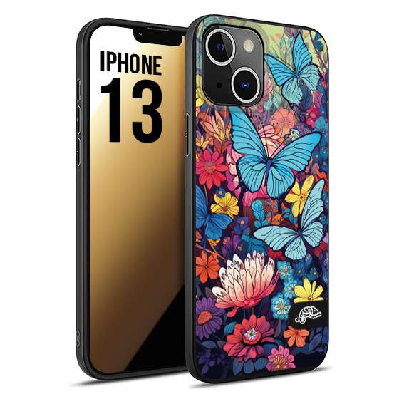 CUSTOMIZZA - Custodia cover nera morbida in tpu compatibile per iPhone 13 farfalle butterfly moderno donna disegnate gialla blu rosa