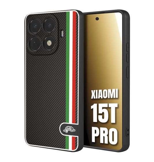 CUSTOMIZZA - Custodia cover nera morbida in tpu compatibile per Xiaomi 15T PRO effetto fibra di carbonio bandiera Italia made in Italy